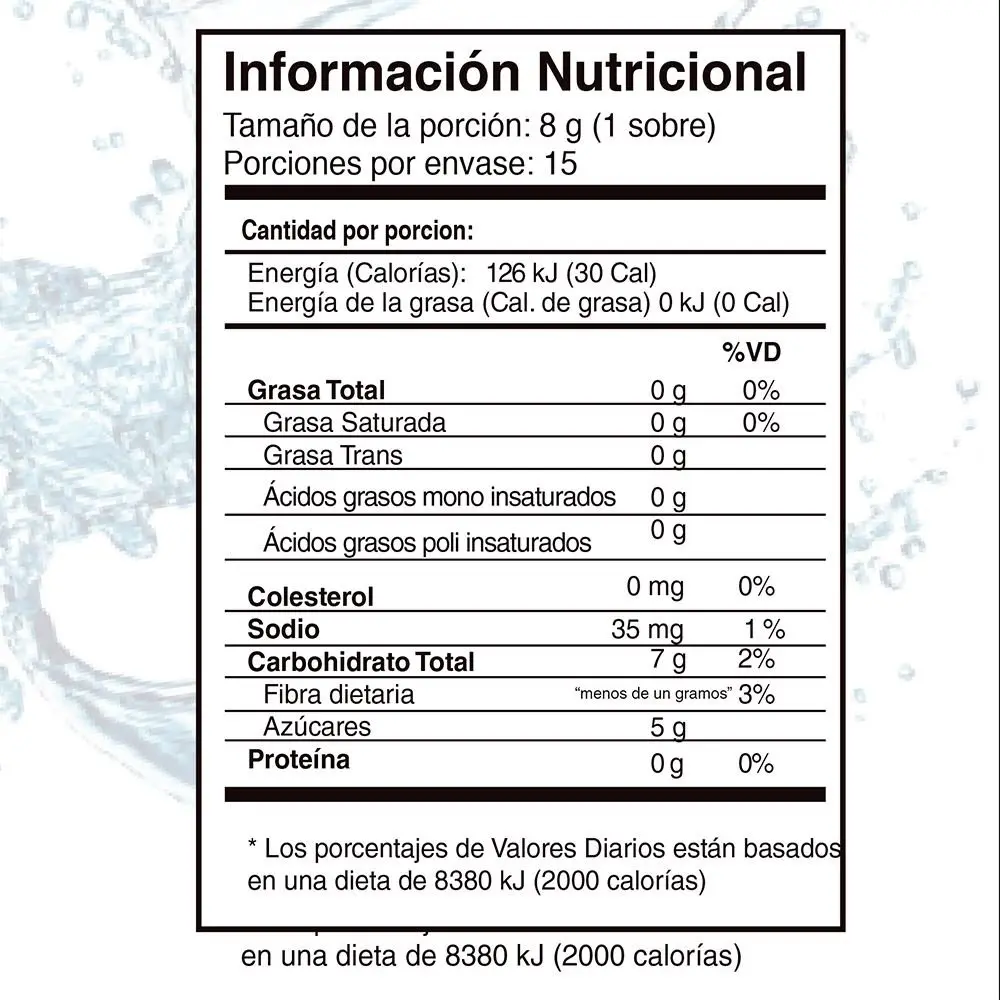 Panel nutricional de RioVida Stix mostrando ingredientes de frutas
