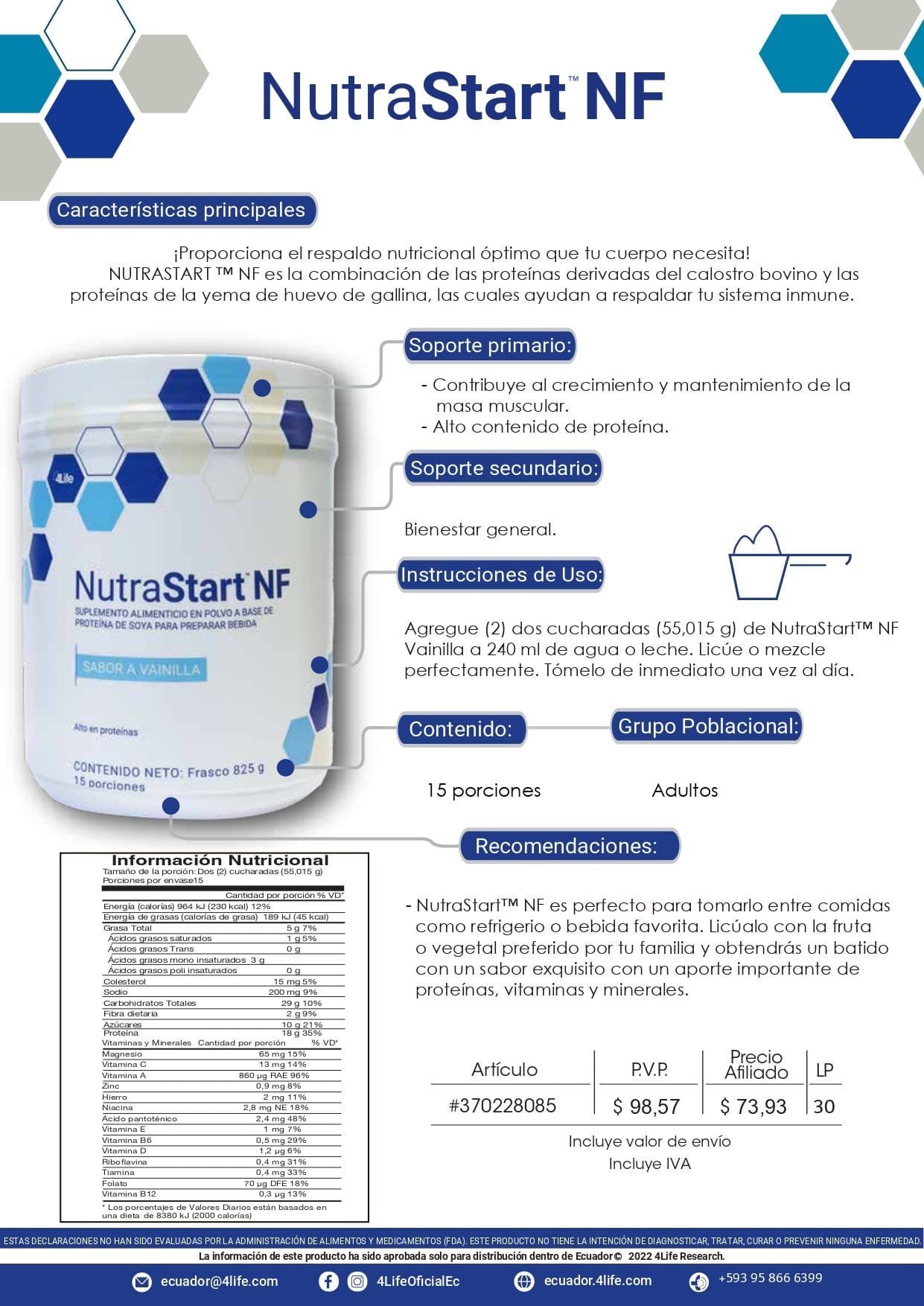 Infografía de beneficios de NutraStart mostrando respaldo inmunitario y nutrición