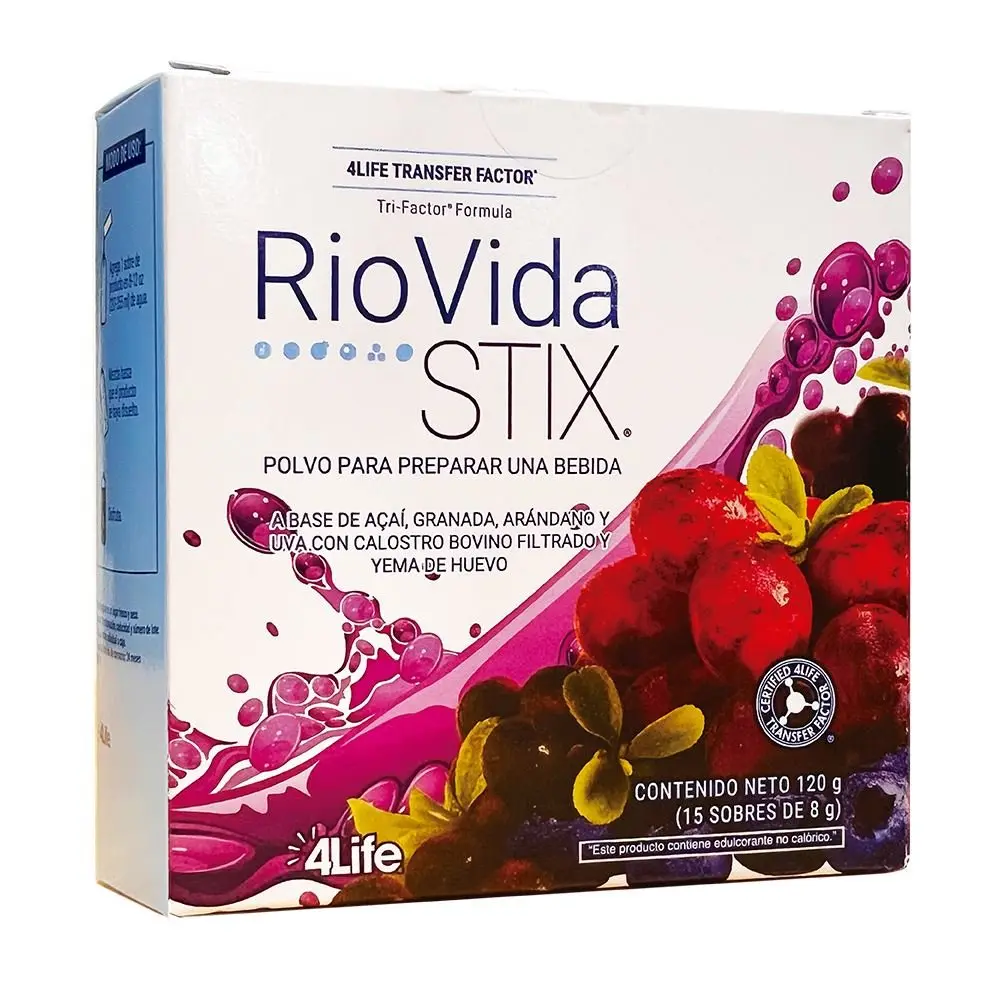 Caja y botella preparadas de 4Life Transfer Factor RioVida Stix