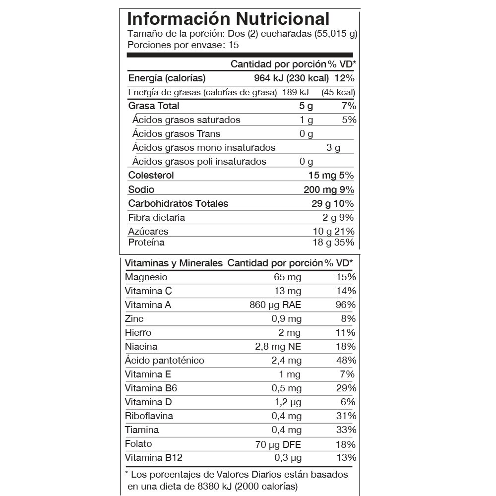 Panel nutricional de NutraStart con valores e ingredientes