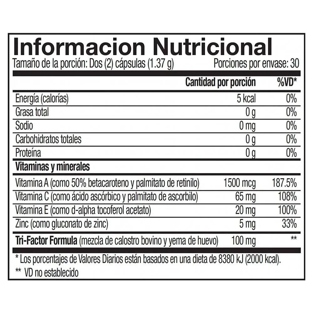 Tabla nutricional Transfer Factor Vistari