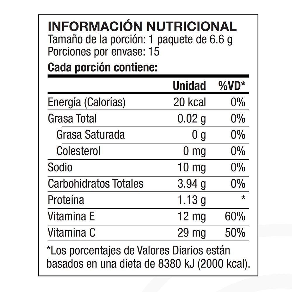 Panel nutricional con información de ingredientes y valores nutricionales
