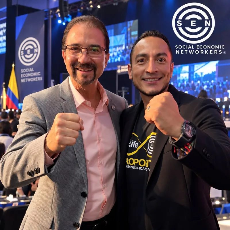 Rafa el Networker con otro asistente al evento Social Economic Networkers (SEN), con el puño en alto